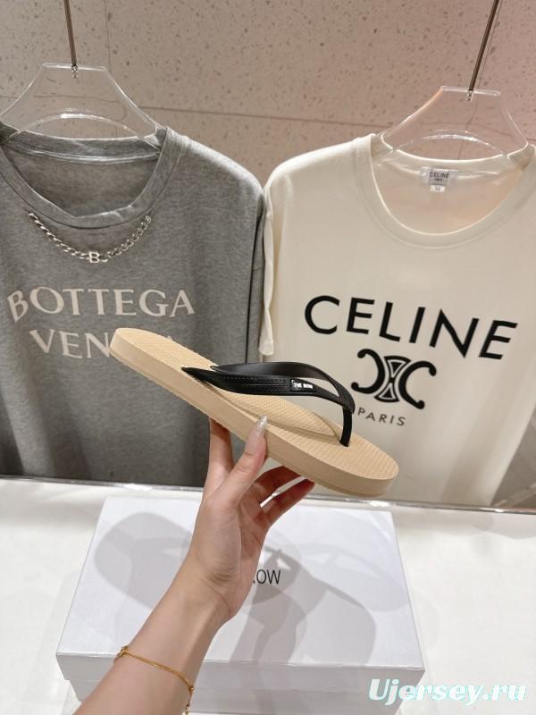 2025 Unisex The Row Beige And Black Leather Casual Flip-Flops Handmade KFY00160