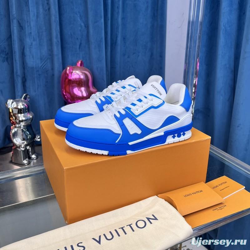 2025 Men Louis Vuitton White Blue Leather Trainer