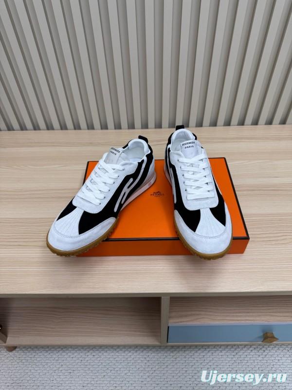 2025 Unisex Hermès White Black Suede Goat Leather Sneakers Top Version LY00310
