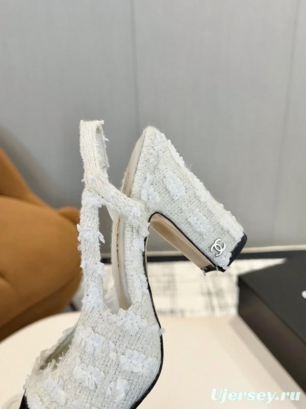 2025 Women Chanel White Black Leather Tweed Slingback Block Heel LY00270