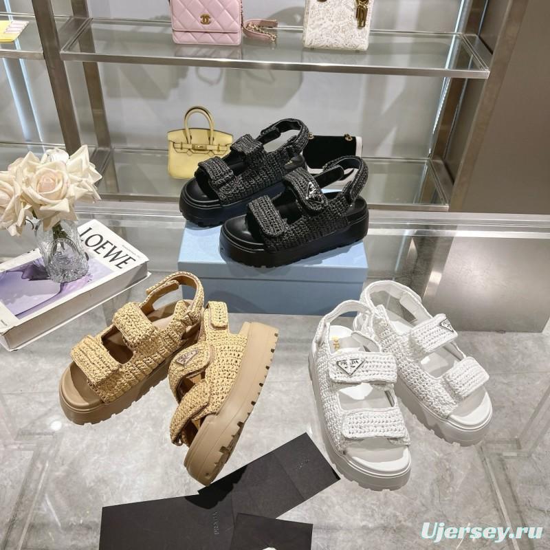 2025 Women Prada Beige Woven Leather Platform Sandals