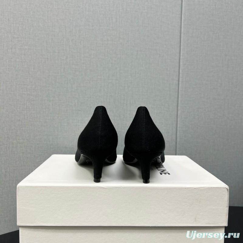 2025 Women Celine Black Fabric Pointed Toe Metal Buckle Pumps
