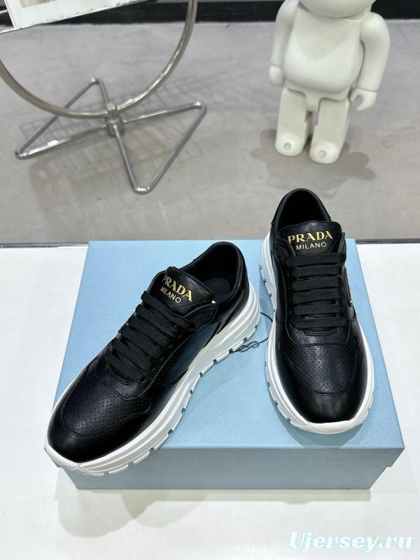 2025 Unisex Prada Black Leather Sneakers KFY00310