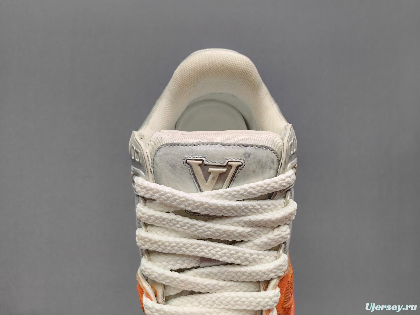 2025 Unisex Louis Vuitton Orange White Denim Leather Plimsolls Complex Wash KFY00510