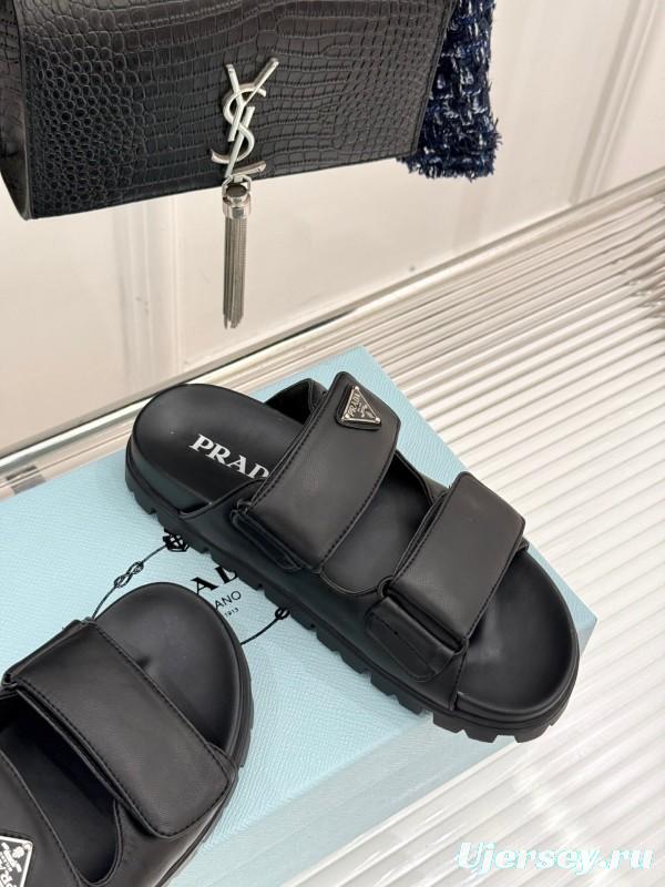 2025 Women Prada Black Leather Slippers KFY00240