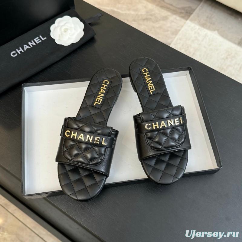 2025 Slippers Women Chanel Black Leather Slippers