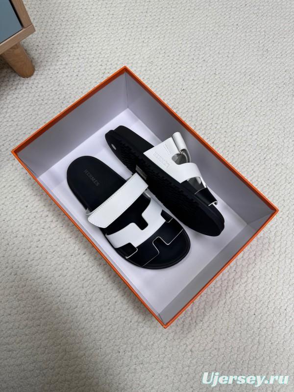 2025 Slippers Hermès White Black Leather Slippers