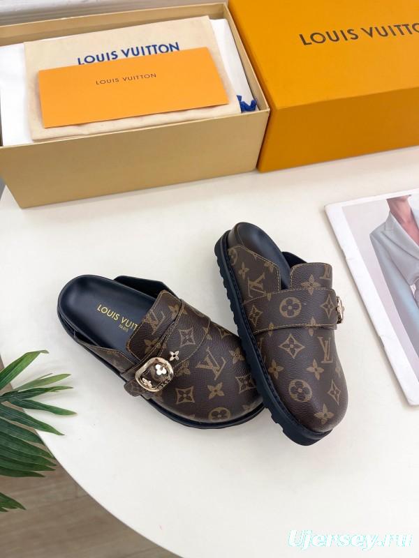 2025 Women Louis Vuitton Brown Leather Slippers Monogram KFY00300