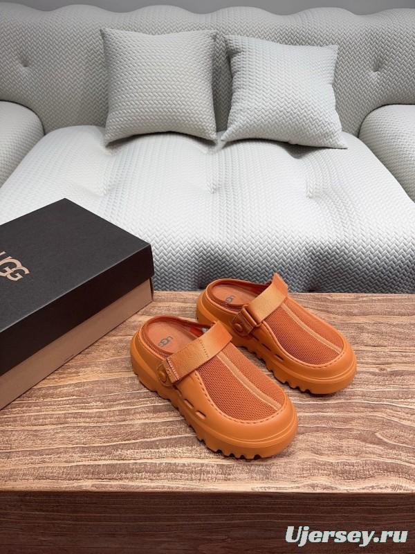 2025 UGG Brown Leather Mesh Slippers KFY00220