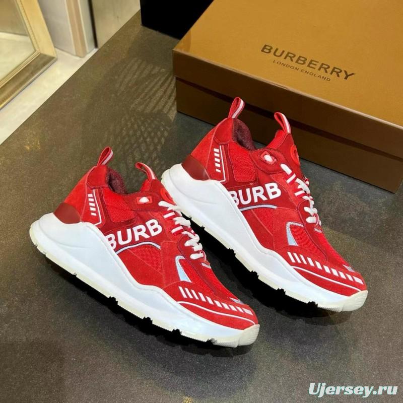 2025 Unisex Burberry Red Suede Leather Mesh Platform Sneakers MJ00380