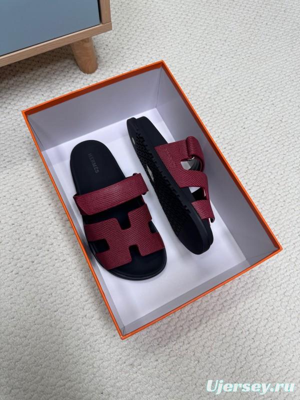 2025 Slippers Hermès Burgundy Black Leather Slide KFY00260