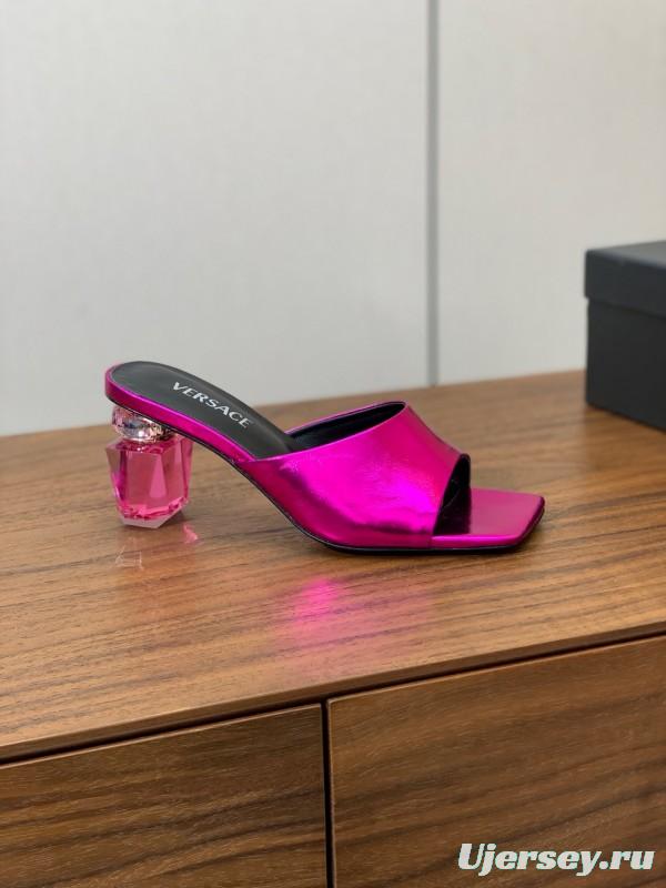 2025 Women VERSACE Pink Leather Slippers