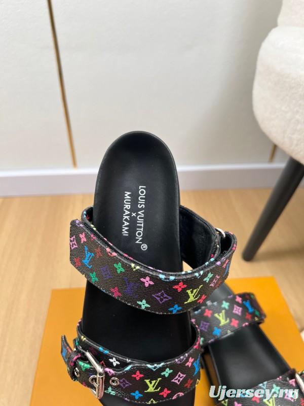 2025 Women Louis Vuitton Black Rainbow Canvas Slippers KFY00280
