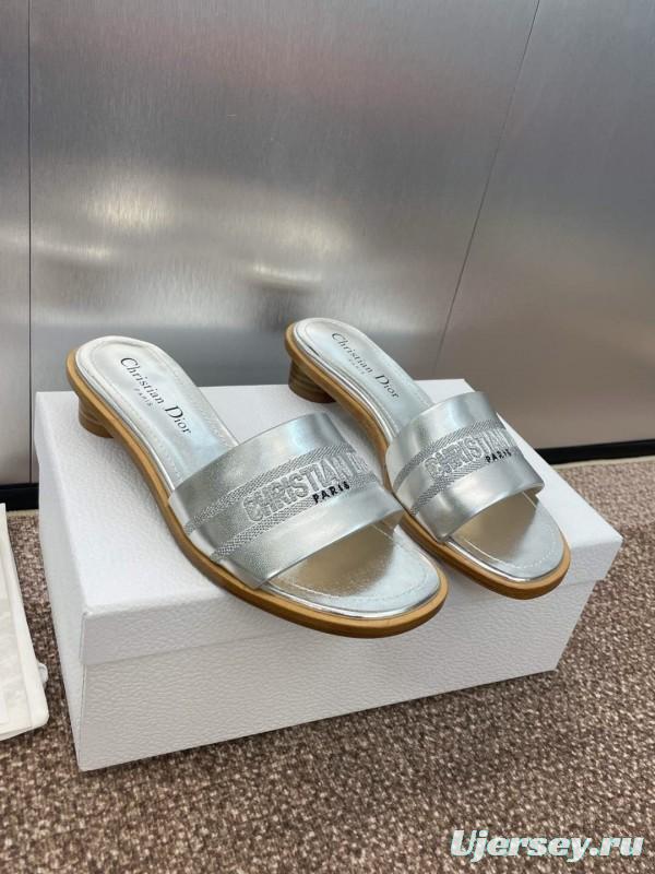 2025 Women Dior Silver Leather Slippers CD Logo KFY00300