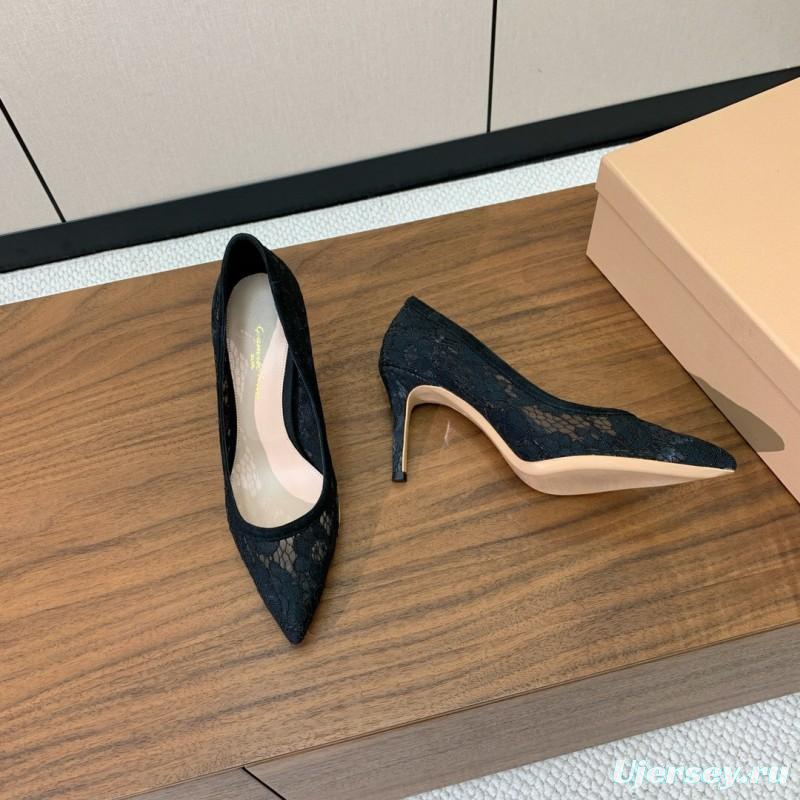 2025 Women Gianvito Rossi Black Lace Leather Pumps KFY00280