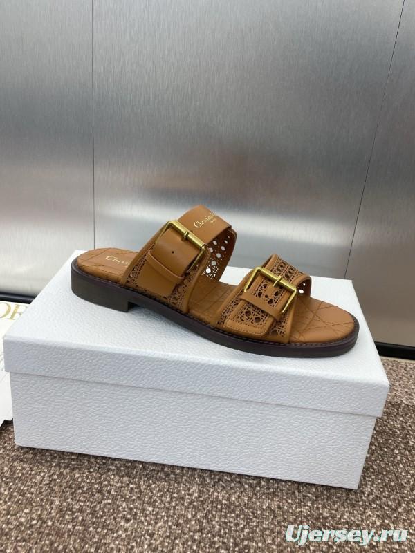 2025 Women Dior Brown Leather Slip-on Sandals