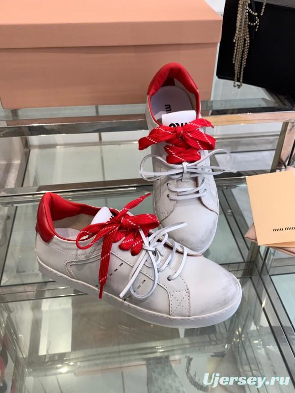 2025 Women Miu Miu White Red Leather Sneakers LY00290