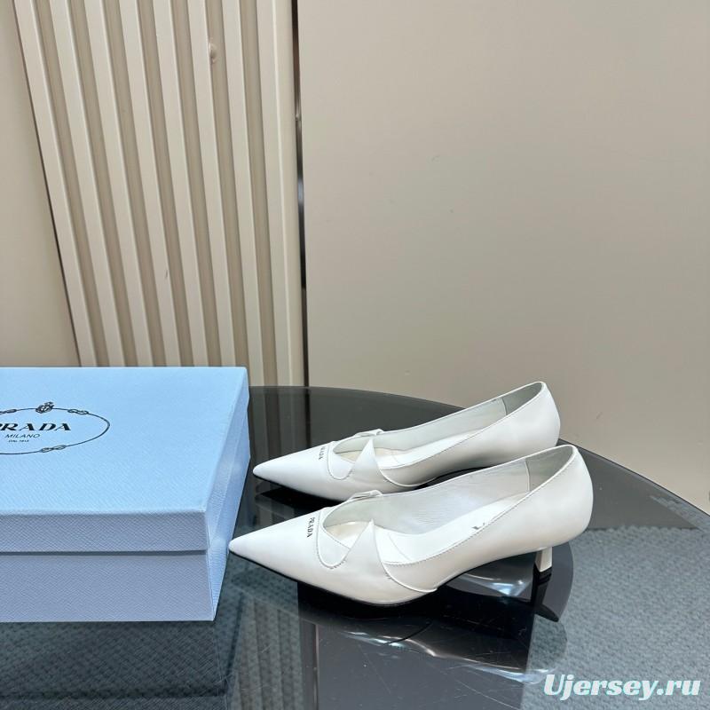 2025 Women Prada White Leather Pointed Toe Kitten Heel Pumps KFY00310
