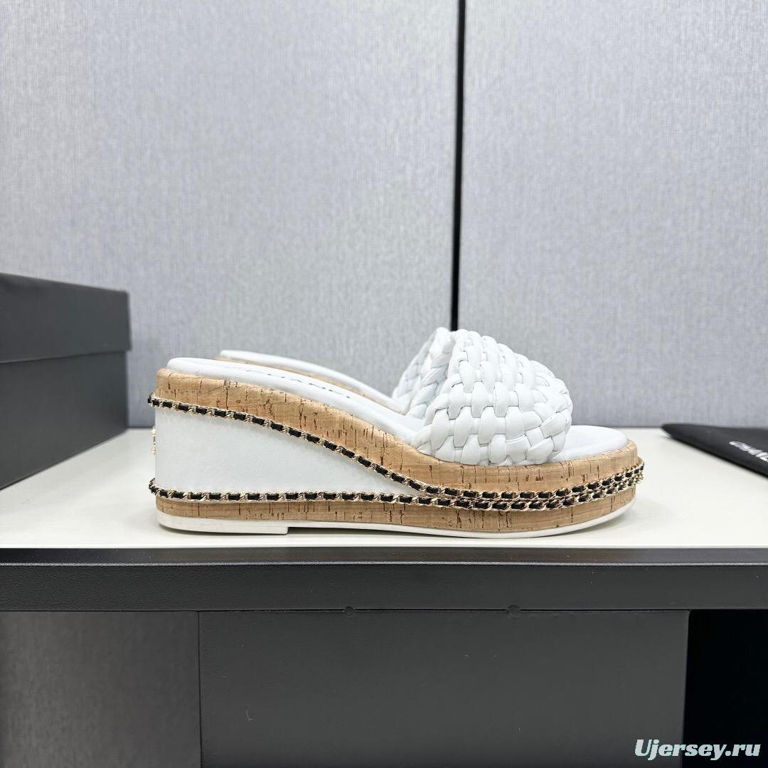 2025 Women Chanel White Leather Wedge Sandals