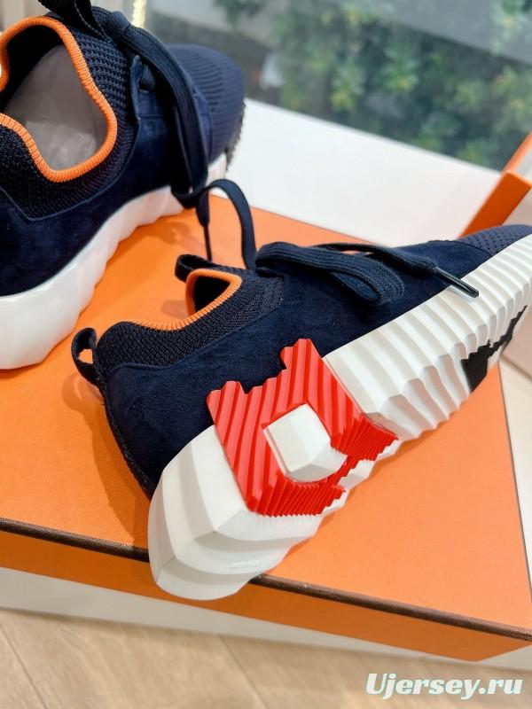 2024 Unisex Hermès爱马仕 Navy Orange White Knit Leather Sneakers MJ00290
