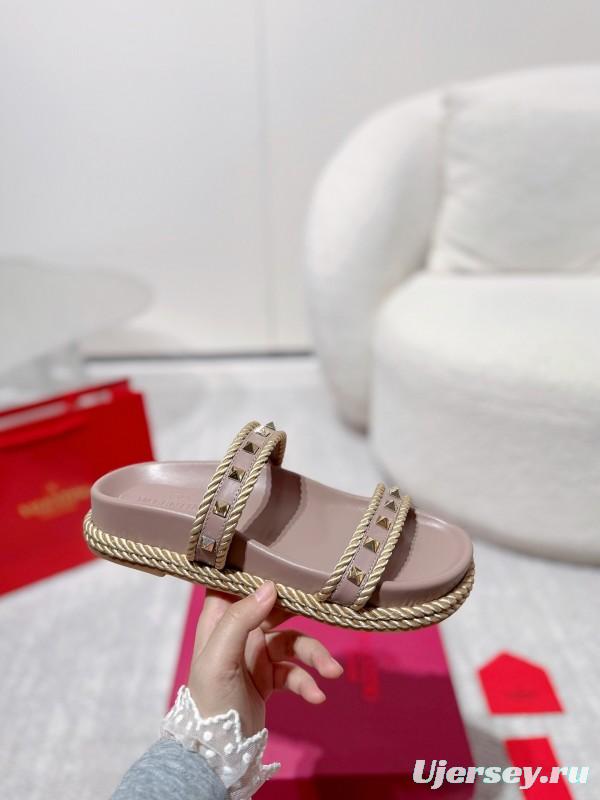 2025 Women Valentino Beige Leather Slippers