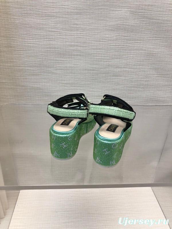 2025 Slippers Chanel Mint Green Textile Platform Sandals LY00330