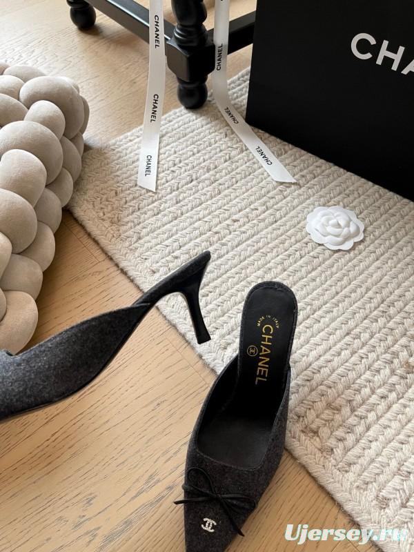 2025 Women Chanel Black Fabric Mules