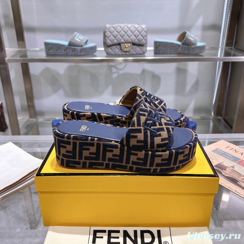 2025 Slippers Fendi Blue Brown Canvas Platform FF Jacquard KFY00240
