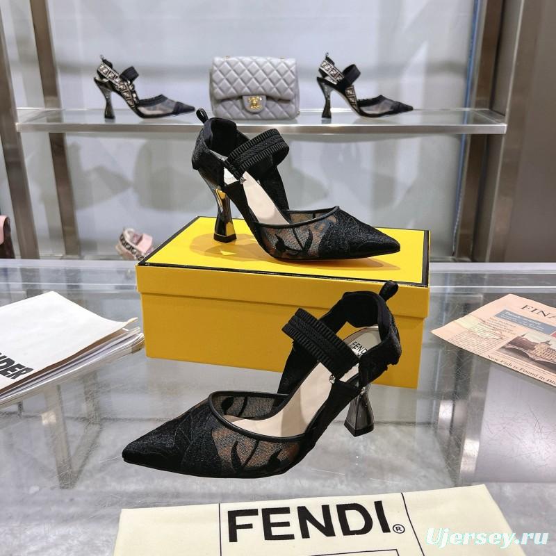 2025 Women Fendi Black Mesh Leather Heels MJ00280
