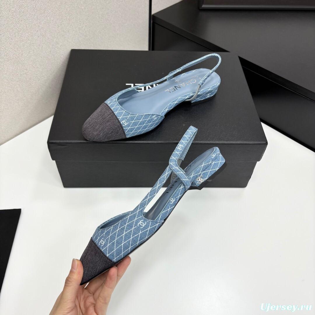 2025 Women Chanel Blue Black Denim Leather Slingback LY00240