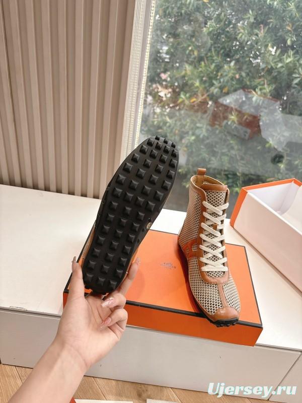 2025 Women Hermès Beige Brown Leather Mesh Boots