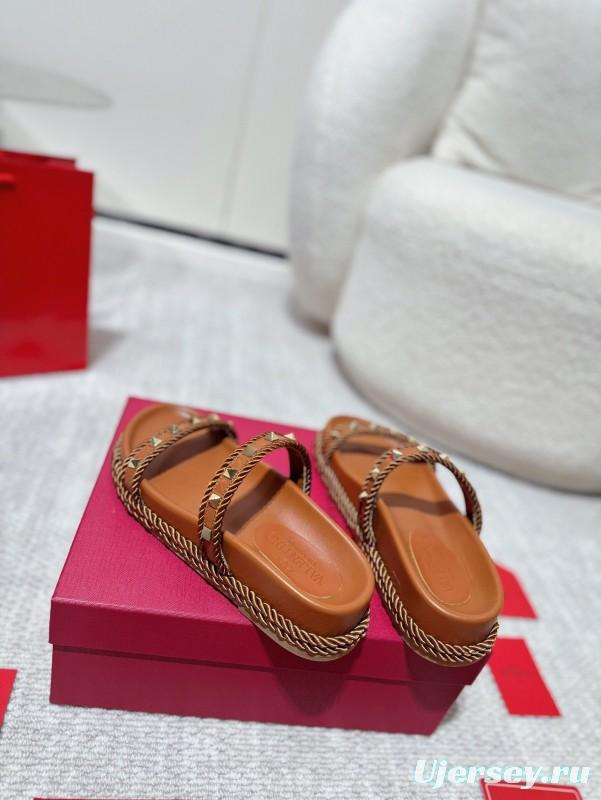 2025 Women Valentino Brown Leather Sandals Rope Braided LY00250
