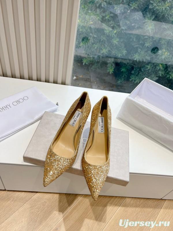 2025 Women Jimmy Choo Gold Crystal Leather Heels KFY00280