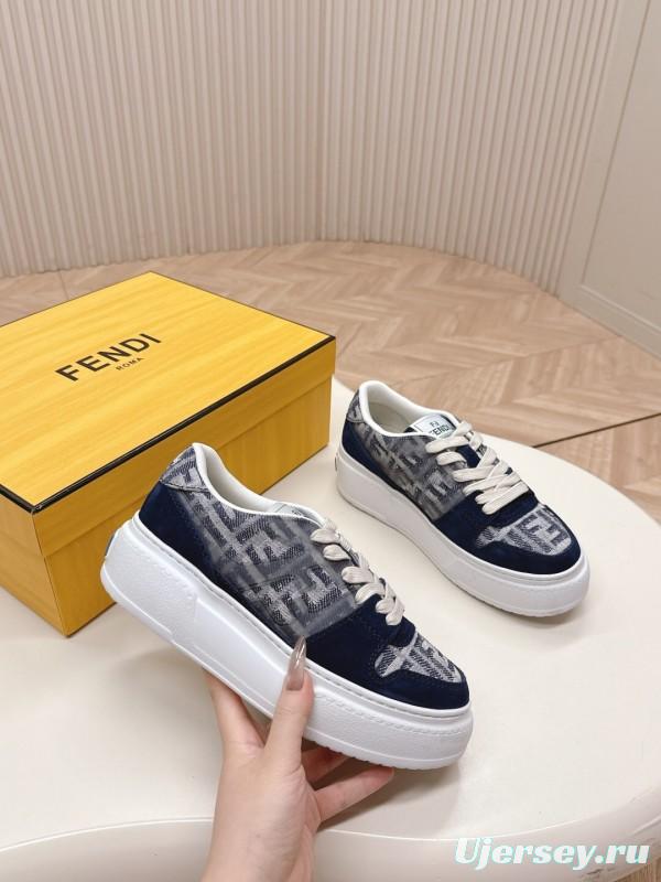 2025 Women Fendi Navy Grey Leather Canvas Sneakers LY00340