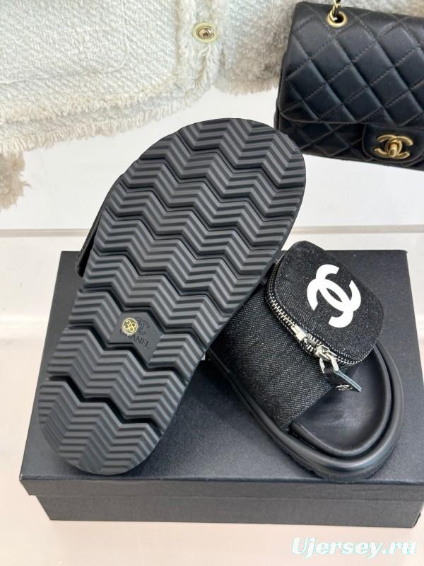 2025 CHANEL Black Fabric Slippers KFY00220