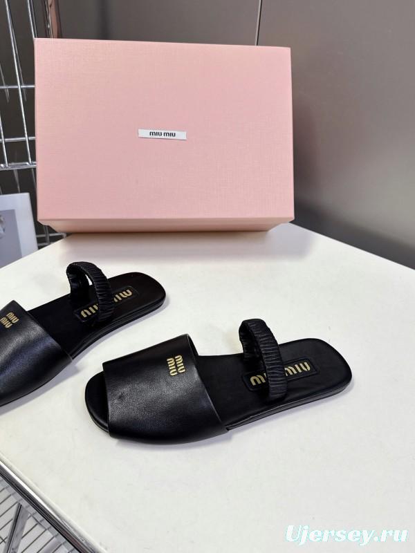 2025 Slippers Miu Miu Black Leather Slippers LY00