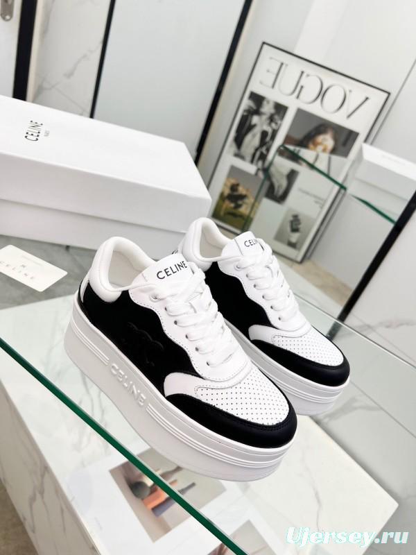 2025 Women Celine Black White Leather Platform Sneakers Block Triomphe LY00270