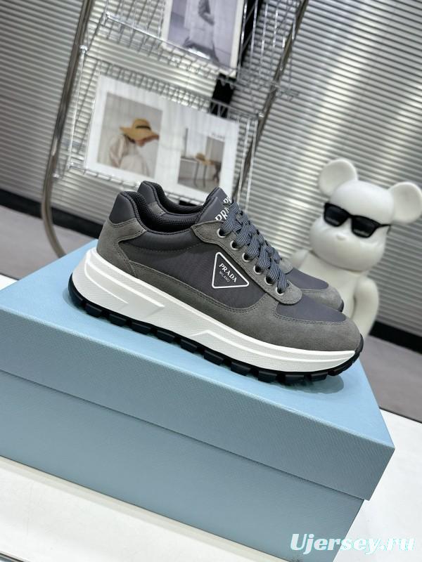 2025 Unisex Prada Grey Suede Leather Sneakers KFY00310
