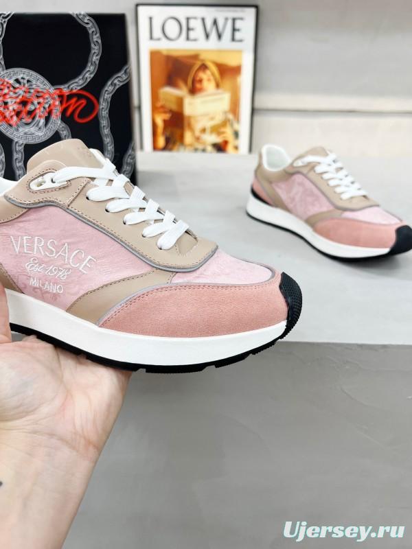 2025 Women VERSACE Pink Beige Suede Leather Sneakers Embroidery LY00320