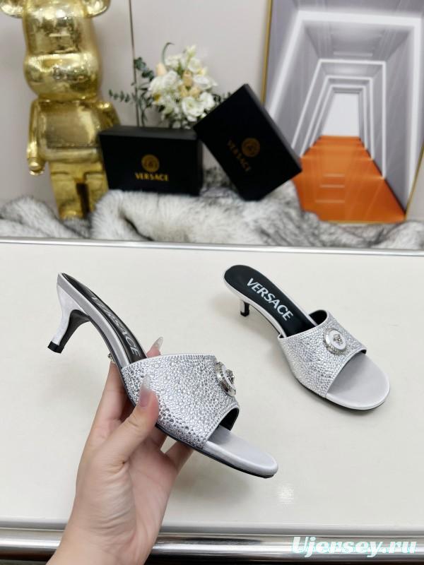 2025 Women VERSACE White Crystal Satin Mules