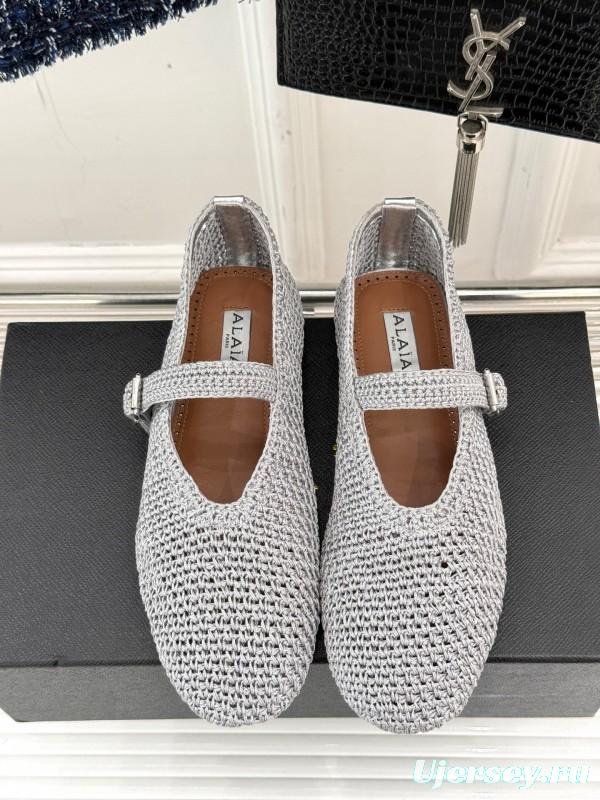 2025 Women AlAIA White Grey Knit Mary Jane Ballet Flat