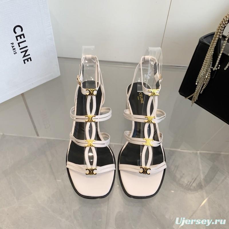 2025 Women CELINE White Leather Sandals Metal Detail KFY00300