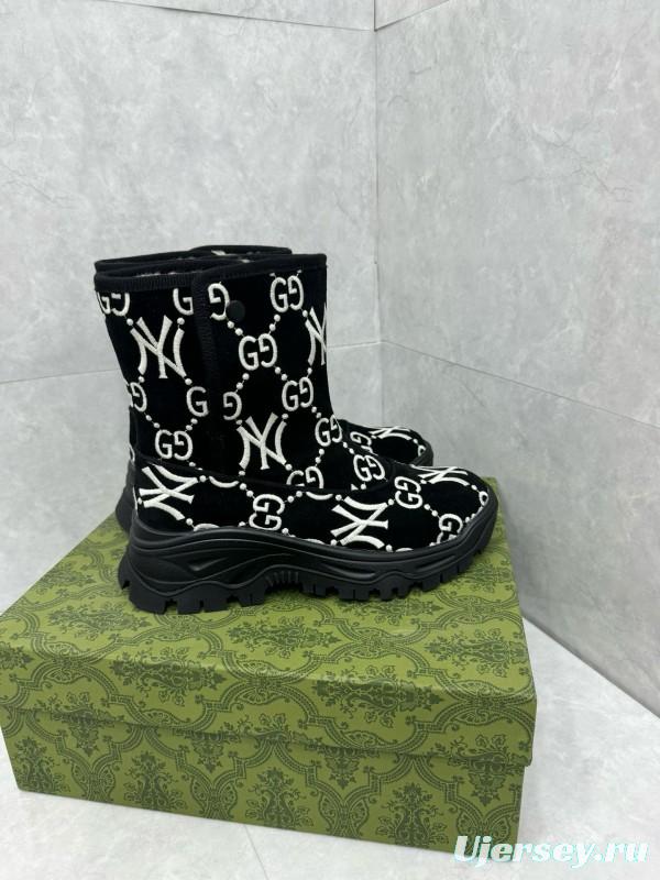 2024 Women Gucci Black White Suede Snow Boots GG NY Embroidery MJ00370