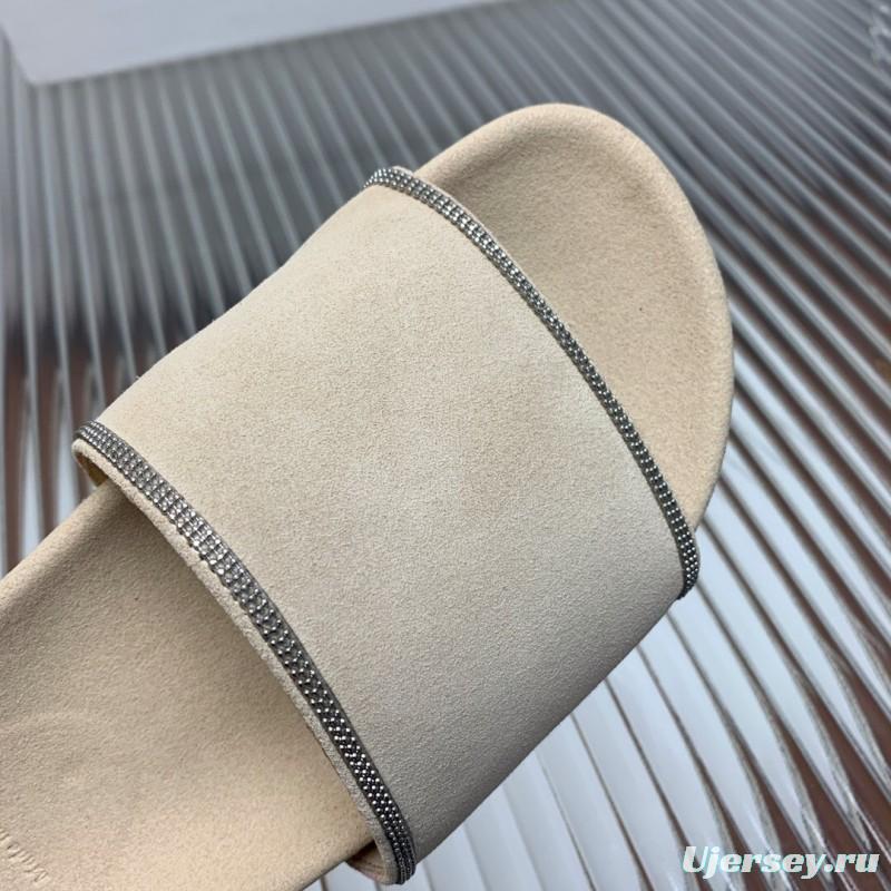 2025 Women Brunello Cucinelli Beige Suede Flat Slide Sandals Handmade Detailing KFY00240 (F)