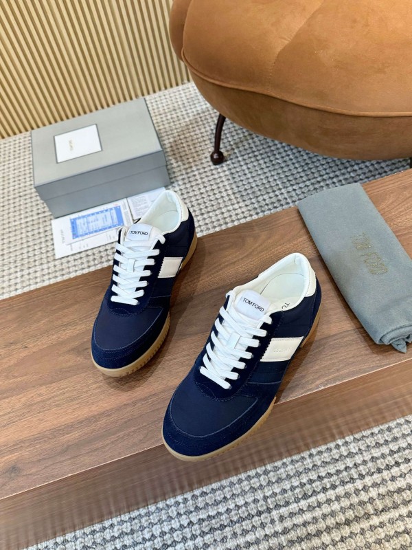 2025 Men TOM FORD Navy White Suede Leather Sneakers LY00360