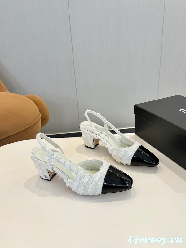 2025 Women Chanel White Black Tweed Patent Leather Slingback LY00240