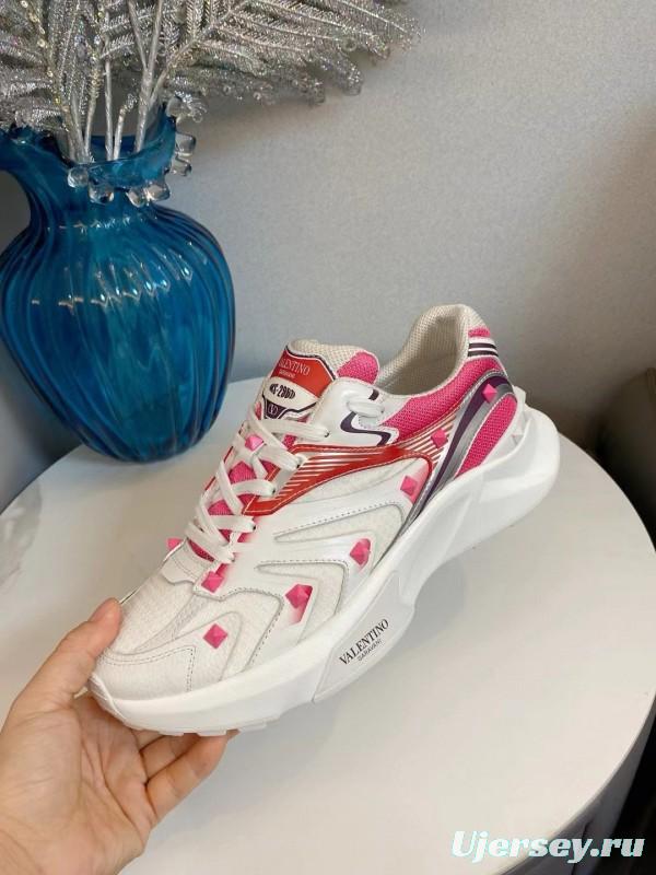 2024 Unisex Valentino White Pink Mesh Leather Sneakers MJ00410