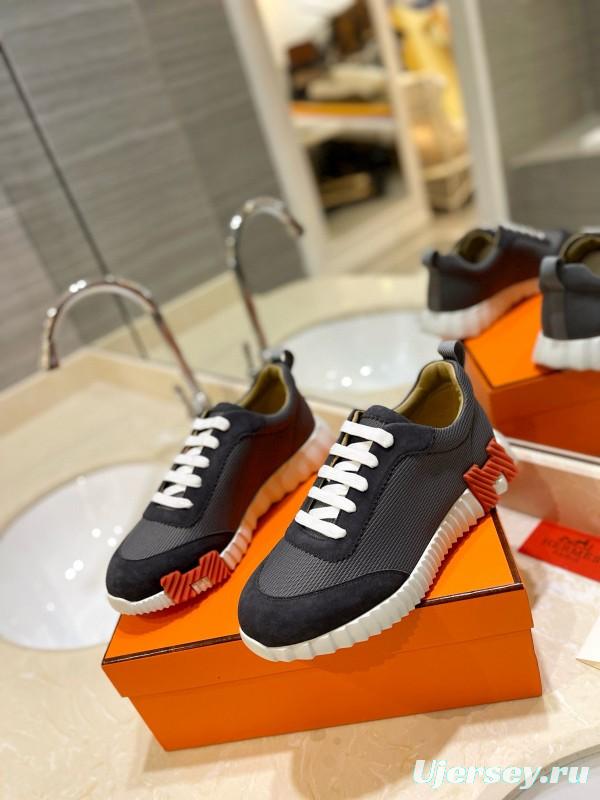 2024 Unisex Hermès Black Gray Imported Calfskin Rainproof Fabric Sneakers MJ00320