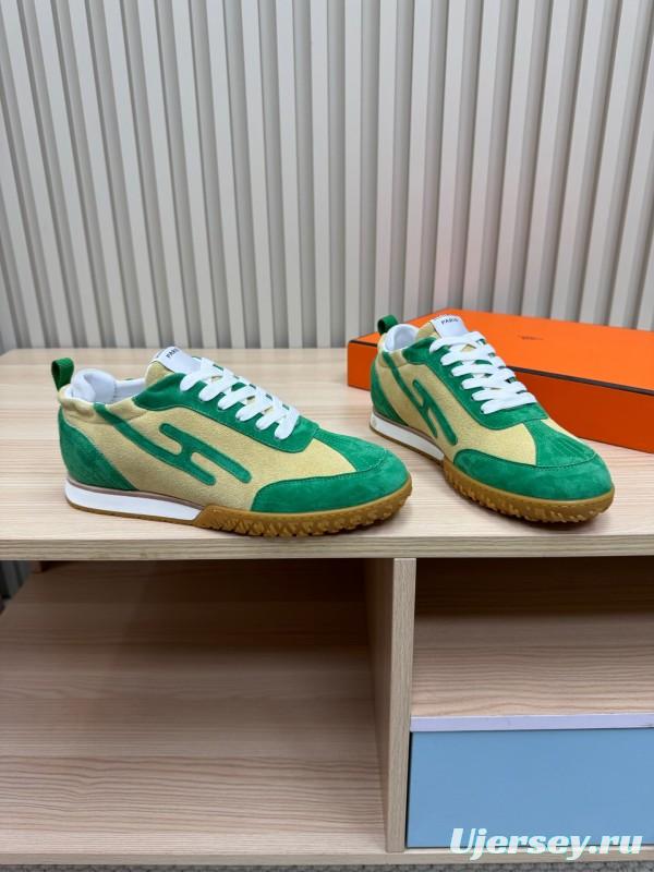 2025 Unisex Hermès Green Beige Suede Down Fabric Sneakers Top Version LY00310