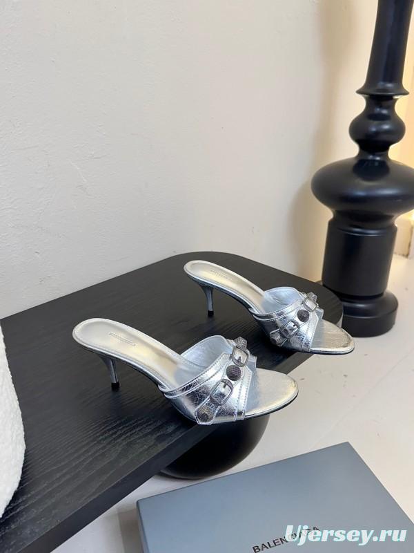 2025 Women Balenciaga Silver Leather High Heel Mules